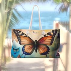 "A Lune Lou original design, our oversized Beautiful Butterfly inspired Beach/Tote Bag is perfect for a day at the beach or a weekend getaway.  The wide-mouthed, durable 24\" x 13\" bag holds a generous amount of personal items and is easily held by its thick rope handles.  Made to order from 100% Spun Polyester Canvas, with a cream sheeting interior lining. Lune Lou products are custom made when ordered in the USA!  We do not have them mass produced in a factory in China!" Large Multicolor Beach Bag For Travel, Multicolor Beachwear Bags For Travel, Multicolor Beachwear Travel Bag, Large Capacity Bags For Weekend Beach Season, Beachwear Travel Bag For Vacation, Large Beach Bag For Summer, Large Beach Bag With Large Capacity, Beachwear Tote Beach Bag For Travel, Beachwear Shoulder Bag For Travel, Rectangular Shape