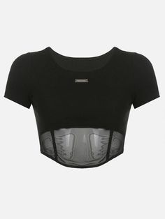 Perspective Dark Mesh Crop Short Sleeve T Shirt - Anagoc Edgy Fitted Solid Color Tops, Edgy Fitted Top, Fitted Crop Top With Short Sleeves For Night Out, Fitted Short Sleeve Crop Top For Night Out, Fitted Crop Top T-shirt For Night Out, Edgy Fitted Mesh Top For Streetwear, Fitted Short Sleeve Mesh Top For Night Out, Fitted Black Mesh Top For Streetwear, Clothing Details