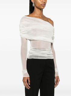 Christopher Esber Veiled Silk Blouse - Farfetch One-shoulder Silk Top For Spring, One-shoulder Silk Blouse For Party, Fall Sheer Silk Top, Sheer Silk Top For Fall, Formal Fitted Top With Draped Sleeves, Elegant One-shoulder Silk Blouse, Elegant One Shoulder Silk Blouse, Silk White Top For Evening, White Silk Top For Evening