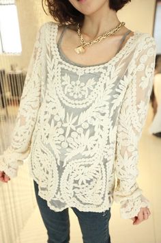 Bust: 95CM  Length: 65CM  Sleeve Length: 62CM  Shoulder Width: 40CM  Weight: 0.25KG Openwork Embroidery, Women Lace Blouse, Lace Blouse Long Sleeve, Floral Lace Tops, Sammy Dress, Loose Sweater, Blouse Online, Fabulous Fashion, Look At You