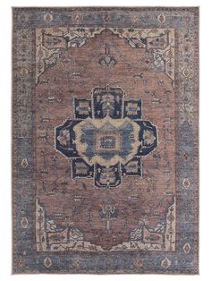 an antique rug with blue, beige and brown colors on the bottom half of it