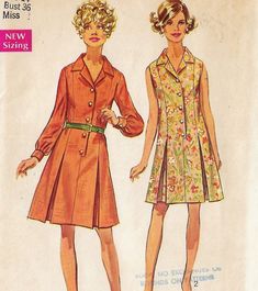 Misses Shirtdress: The princess dress with front button closing above center front seam has notched collar, inverted pleats in side front and back seams and optional purchased belt. View 1: long set-in sleeves gathered to buttoned cuffs. View 2: sleeveless. Pattern printed by Simplicity in 1968, and is in factory folds.  This is an original sewing pattern with all of the original pattern pieces and instructions. This is NOT a PDF or copy, and is NOT the actual garment. Size 14 Bust 36 Waist 27 H Spring A-line Single Breasted Dress, Fall Collared Dresses With Buttons, Fall Dresses With Collar And Buttons, Spring Dresses With Buttons And Collar, Spring Dresses With Collar And Buttons, A-line Dresses With Placket, Daywear Dresses With Buttons And Collar, Vintage Semi-formal Spring Dress, Semi-formal Vintage Spring Dress