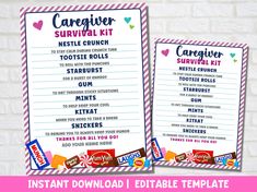 the candy bar survival kit is shown in pink and white stripes, with hearts on it