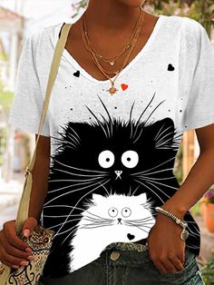 Cat Print Short Sleeve Casual T-Shirt Casual Short Sleeve T-shirt With Cat Print, Cute V-neck Top With Graphic Print, Summer Cat Print Crew Neck T-shirt, White Cat Print T-shirt For Summer, Summer Crew Neck T-shirt With Cat Print, Spring White T-shirt With Cat Design, Summer Cat Print Crew Neck Top, Casual Summer Tops With Cat Print, White Summer T-shirt With Cat Design