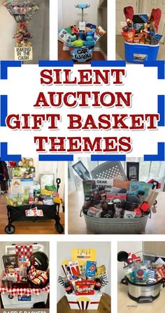 a bunch of different pictures with the words silent auction gift basket themes