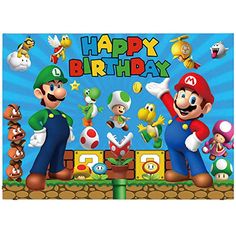 an image of mario birthday card with many super mario characters in front of him and his friends