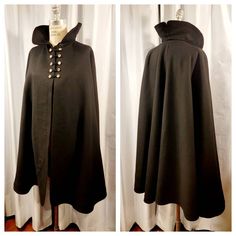 Beautiful Womens Victorian Edwardian Opera Cape, 100% wool with ornnate elegant stitching. Great opportunity to add this to your collection, protect yourself from the elements, and keep warm. Over 100 years old and still looks and feels like the day it was made, you will not be disappointed. The collar is large and can be worn in a few ways, flip the collar up for added protection and elegant look. No labels, appears to be in great condition with no visible damage, moth bites or fading. Coat mea Fitted Fall Cape For Costume, Fitted Cape For Fall Costume, Elegant Fall Outerwear For Larp, Fitted Cape For Costume, Winter Season, Fitted Cape For Costume And Winter, Fitted Cape For Winter Costumes, Fitted Cape For Costume Occasions In Winter, Black Fitted Cape For Formal Occasions, Formal Fitted Winter Cape