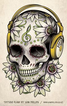 a skull with headphones and flowers on it's face is featured in this poster