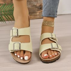 INCLUDES: Sandals FIT: This item is true to size AVAILABILITY: This item will ship separately from the rest of your order. Please allow 5-10 business days for shipping. FEATURES: Heel height: Flats Material: elastomer, polyester, pu Imported MEASUREMENTS: 35(US4):Foot length 8.8 in 36(US5):Foot length 9 in 37(US6):Foot length 9.2 in 38(US7):Foot length 9.4 in 39(US8):Foot length 9.6 in 40(US9):Foot length 9.8 in 41(US10):Foot length 10 in 42(US10.5):Foot length 10.2 in 43(US11):Foot length 10.4 in Double Buckle Sandals, Trendy Sandals, Maternity Swimwear, Buckle Sandals, Maxi Dress Formal, Short Leggings, Denim Overalls, Toe Designs, Denim Top