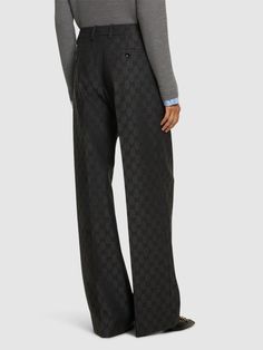 Front button and zip closure. Belt loops. Front pleats. Side pockets. Straight leg. Model is wearing a size38 Leg Model, Versace Brand, Wool Pants, Flat Espadrilles, Jeans Jumpsuit, Swim Accessories, Heeled Loafers, Shearling Jacket, Ski Wear