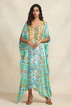 Turquoise kaftan featuring animal, abstract floral and geometric prints along with sequin embroidered bodice. - Aza Fashions Festive Green Sequined Kaftan, Blue Sequined Kaftan For Eid, Blue Sequined Kaftan For Festive Occasions, Festive Blue Sequined Kaftan, Festive Turquoise Bohemian Dress, Kaftan Women, Animal Abstract, Geometric Prints, Embroidered Bodice