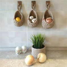 three baskets with eggs and onions hanging on the wall next to garlic, lemons and an onion plant