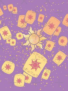 the sun is surrounded by small squares and stars on a purple background with gold confetti