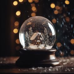 a snow globe sitting on top of a wooden table next to a christmas tree and lights