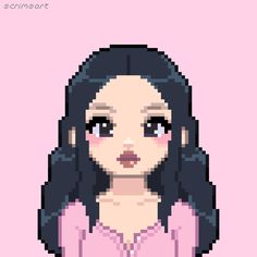 a pixelated girl with long black hair and pink shirt is looking at the camera