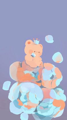 a teddy bear sitting on top of a pile of blue and orange bubbles in the air