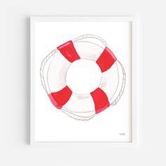 a red and white life preserver in watercolor on paper, mounted above a white frame