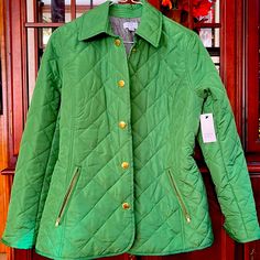 Brand New Green Quilt Jacket, Size Xs, Nwt Green Quilted Long Sleeve Jacket For Fall, Green Long Sleeve Quilted Jacket For Fall, Green Quilted Jacket For Fall Workwear, Green Quilted Workwear Jacket For Fall, Green Quilted Jacket For Spring, Ivy Quilt, Pink Raincoat, Blue Puffer Jacket, Womens Puffer Vest