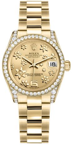 178158 | 178158-0091 ROLEX DATEJUST 31 LUXURY WOMEN'S WATCH - With Manufacturer Serial Numbers - Swiss Made - Champagne Dial with Floral Motif - 48 Diamonds Set on Bezel - 24 Diamonds Set on Lugs - Date Feature - 48 Hour Power Reserve - Self-winding Automatic Movement - Rolex Caliber 2235 - Vibrations Per Hour: 28,800 - Jewels: 31 - 6 Year Warranty - Guaranteed Authentic - Certificate of Authenticity - Manufacturer Box & Manual - Polished with Brushed Solid 18k Yellow Gold Case & Oyster Bracelet - Scratch Resistant Sapphire Crystal - 100 Meters / 330 Feet Waterproof - 31mm = 1 1/4" Case, 6" Adjustable Bracelet - Inlet Size: 16mm - Bidirectional Rotating Bezel - Screw Down Crown & Case Back - Deployment Buckle - Free Bracelet Sizing     Also Known As Model # 178158-CHPFO Diamond Rolex Women, Rolex Datejust Women, Rolex Diamond, Gold Diamond Watches, Rolex Women, Expensive Watches, Oyster Bracelet, Watch For Women, Rolex Men