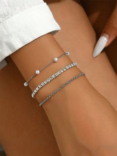 3pcs Fashion Elegant Lady Silver Plastic Rhinestone Elastic Bracelet, Plastic Pearl Bracelet And Stainless Steel Bracelet Set. Suitable For Daily Wear, Adjustable Size For Better Wrist Fit. Great Gift Idea For Girlfriend, Wife, Mother, Family, Friends On Birthdays, Anniversaries, Etc. Popular Among Young Women. Silver Fashionable   Stainless Steel     Women Fashion Jewelry, size features are:Bust: ,Length: ,Sleeve Length: Cool Silver Bracelets, Gift Idea For Girlfriend, Silver Bracelet Stack, Mother Family, Birthday Bracelet, Bracelets Set, Birthday Outfits, Fashionable Jewelry, Elastic Bracelet