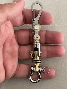 a hand holding a small metal object in it's right hand, with two keys attached to it