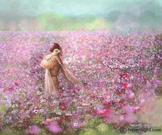 The Calming Embrace by Yongsung Kim is a painting depicts Jesus Christ holding a lost lamb in a field of pink and purple flowers. - Yongsung Kim | Havenlight | Latter-day Saint Artwork | Christian Artwork Temple Pictures, Light Of Christ, Field Of Flowers, Jesus Painting, Pink And Purple Flowers