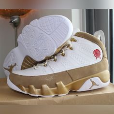 Brand New, Size 9 With Original Box, Bags, And Wooden Inserts! Luxury Leather Jordan Sports Shoes, Luxury Leather Jordan Shoes For Sports, Luxury Basketball Shoes, Gold Leather Basketball Shoes, Gold Leather Round Toe Basketball Shoes, Gold High-top Leather Basketball Shoes, Jordan Swag, Air Jordan Retro 9, Box Bags