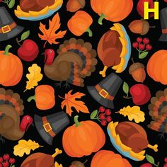 a thanksgiving pattern with turkeys, pumpkins and leaves on a black background for wallpaper