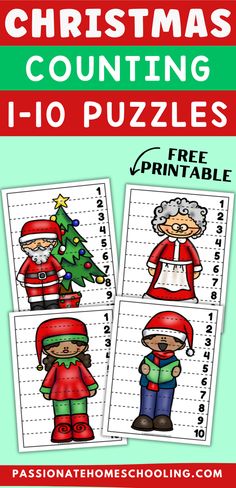 christmas counting puzzles for kids with santa claus and snowman on the top, free printable