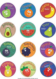 six different badges with the names of fruits and veggies on them, including an avocado, watermelon, pear, blueberry, orange, banana, peach