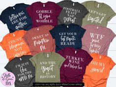 "Funny Family Thanksgiving Shirts, Matching Family Thanksgiving Tshirts, Friendsgiving Shirts, Fall Autumn Group Tees, Custom Thanksgiving **PLEASE NOTE** 👉 Shirt colors can vary slightly from what you see on your screen to the actual product. DESIGN ❤ All of our shirts and tanks are all created with the latest in garment printing technology using water based inks that are eco-friendly. This helps to create a softer feel than traditional screen printing. This high-quality printing process helps prevent designs from fading, cracking and peeling for a long lasting product. The ink is CPSIA (Consumer Product Safety Improvement Act) compliant. SELECT THE FIT/STYLE YOU PREFER IN THE DROP DOWN MENU  Add your desired number of items to cart. YOU WILL NEED TO ADD EACH ITEM TO YOUR CART SEPARATELY Friendsgiving Shirts, Thanksgiving Puns, Thanksgiving Tshirts, Family Thanksgiving Shirts, Custom Graphic Tees, Logo T Shirts, Thanksgiving Family, Family Thanksgiving, Funny Family