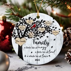 a family tree ornament hanging from a christmas tree