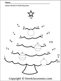 christmas tree dot to dot worksheet for kids with numbers 1 - 10 and an ornament