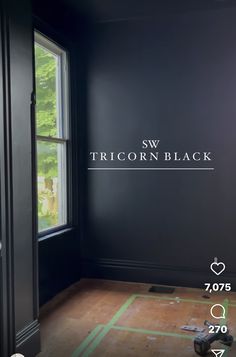 an empty room with black walls and wood flooring in the foreground, there is a window that reads sw tricorn black