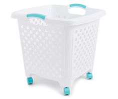 a white laundry basket with blue handles and wheels on the bottom, against a white background