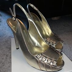 Never Worn And New In Box. Beautiful Slingbacks Made Of Tumbled Leather. Chic And Versatile. There Is A Bit Scuffing On The Shoes Due To Being Stored. Hardly Noticeable, But Please Review Pics Prior To Purchasing. Some Stains On Box During Storage, But Does Not Affect Shoes. Color: Plt Size: 8m Heel Approx 5 Inches Tall Retails: $289 Plus Tax Calvin Klein High Heel Party Sandals, Calvin Klein High Heel Sandals For Party, Chic Calvin Klein Formal Sandals, Calvin Klein Open Toe Party Heels, Chic Calvin Klein Party Heels, Calvin Klein Open Heel Party Heels, Calvin Klein Heels With Heel Strap For Formal Occasions, Calvin Klein Party Heels With Open Heel, Calvin Klein Formal Heels With Heel Strap