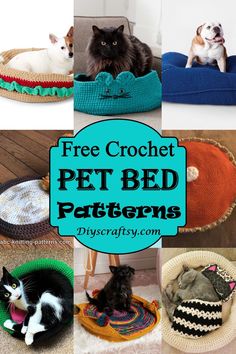 there are many different pictures of cats and dogs in the same bed, with text overlay that says free crochet pet bed patterns