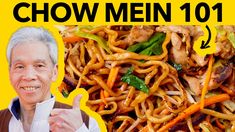 a man with grey hair and glasses is in front of a pile of chow mein noodles