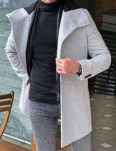 Gray Wool Coat With Lapel Collar For Winter, Elegant Gray Sweater Coat For Fall, Gray Wool Long Sleeve Coat For Office, Elegant Gray Sweater Coat For Work, Gray Long Coat Blazer For Winter, Elegant Gray Wool Coat For Office, Gray Long Coat For Office, Gray Winter Wool Coat For Office, Elegant Gray Winter Outerwear