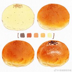 four different types of breads on a white background with color swatches in the middle