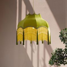 a green and yellow lamp shade hanging from a wall next to a potted plant