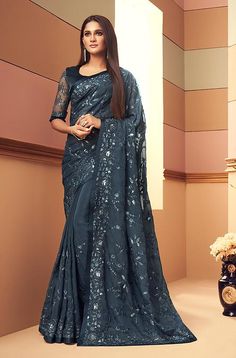 Navy Blue Saree, Saree Party, Wedding Pants, Grey Saree, Charcoal Blue, Purple Saree, Party Sarees, Indian Silk Sarees, Satin Saree