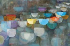 an abstract painting of colorful bowls floating in the water