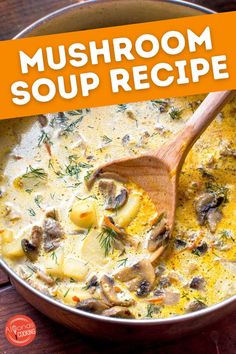 Looking for the best mushroom soup recipe? This family friendly recipe is made with sauteed mushrooms, carrots, onion, cream cheese, and sour cream before being added to a pot of simmering potatoes! Garnish with fresh dill and you're in for a seriously delicious soup! Click the link to make this easy vegetarian soup for a hearty family dinner. Easy Vegetarian Soup, Easy Mushroom Soup, Best Mushroom Soup, Mushroom Soup Recipe, Mushroom Soup Recipes, Cooking Soup, Fourth Of July Food, Vegetarian Soup