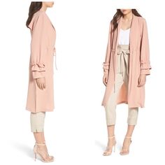 Purchased At Nordstrom's. Brand New Never Worn. Size Large. Features A Gathered Drawstring Waist, Ruffled Sleeves. Two Functional Open Side Pockets. Size Info True To Size. L=12-14 Details & Care A Long, Fluid Jacket In A Soft Pink Hue With A Drawstring Waist And Ruffled Cuff Will Coordinate With Your Whole Closet. 41" Length (Size Medium) Draped Neck Long Sleeves Side-Seam Pockets Adjustable Drawstring Waist 96% Polyester, 4% Spandex Machine Wash, Line Dry Imported Savvy Chic Fall Outerwear For Brunch, Chic Outerwear For Spring Brunch, Elegant Spring Outerwear For Brunch, Feminine Spring Outerwear For Daywear, Fitted Outerwear For Spring Brunch, Fitted Spring Outerwear For Brunch, Feminine Spring Outerwear For Day Out, Feminine Spring Outerwear For Work, Feminine Fall Outerwear For Brunch