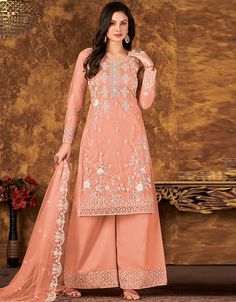 Peach Heavy Net Palazzo Suit Kameez With Plazo, Plazo Dress, Long Blouses, Indian Dresses For Women, Trendy Stuff, Nikah Dress, Top Net, Modest Evening Dress, Palazzo Suit