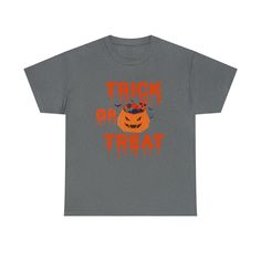 Get ready to be the life of the party with our Halloween t-shirt! Our exclusive design of pumpkins and a terrifying but fun Trick or Treat writing. Wearing this t-shirt on Halloween will make you stand out at any Halloween celebration. Plus, our premium heavy cotton unisex T-shirt is comfortable and durable, meaning you'll be able to wear it over and over again. Don't worry about fashion, this t-shirt is always in style! Casual fashion is the trend of the season and our t-shirt is perfect for an Funny Halloween Streetwear T-shirt, Funny Halloween T-shirt For Streetwear, Novelty Halloween T-shirt For Streetwear, Halloween Novelty T-shirt For Streetwear, Halloween Funny Print Orange T-shirt, Orange Halloween T-shirt With Funny Print, Orange Funny Print T-shirt For Halloween, Funny Orange Halloween T-shirt, Trick Or