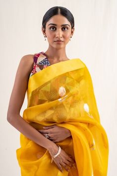 Deep yellow silk organza saree with gold floral buttis and solid border. Comes with an unstitched blouse piece. - Aza Fashions Deep Yellow, Yellow Silk, Organza Saree, Silk Organza, Gold Floral, Blouse Piece, Yellow Floral, Aza Fashion, Hand Weaving