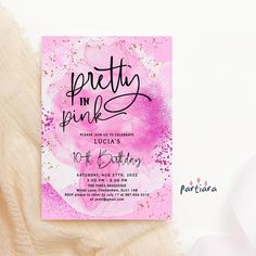 a pink and gold birthday party card with the words pretty in pink on it's front