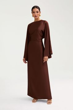 Batool Satin Maxi Dress - Chocolate Clothing Veiled Modest Satin Wrap Dress, Gowns Dresses Cotton, Luxury Balloon Sleeve Maxi Dress For Evening, Balloon Sleeve Long Dress, Luxury Draped Maxi Dress For Work, Maxi Dress Balloon Sleeve, Luxury Bishop Sleeve Maxi Dress For Fall, Modest Dresses Wedding Guest, Longsleeve Bridesmaid Dresses